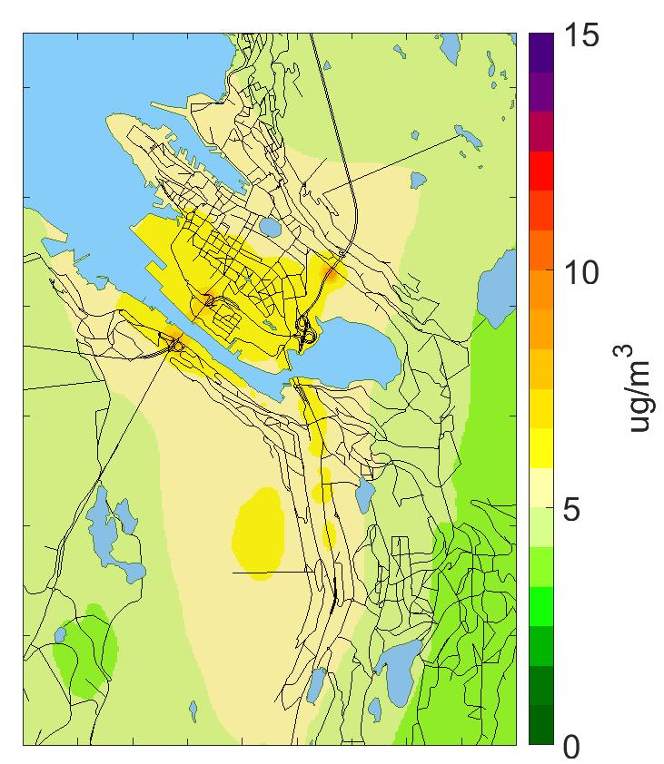 5.5 Beregning av PM2,5 for Framtidig situasjon 2021 med tiltakspakke Figur 69 viser de beregnede årsmiddelverdiene for Bergen sentrum for Referansesituasjonen 2021 og Framtidig situasjon 2021 med