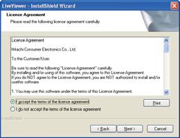 1. Tilkobling til nettverket 1.2 Installere LiveVewer (fortsetter) 6) Dialogen for lisensavtale kommer fram. Om du aksepterer den, velg I accept the terms of the license agreement og trykk [Next].