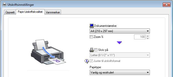 utskriftsinnstillingene er korrekt konfigurerte: 1. Angi samme papirformat i både applikasjonen og skriverdriveren.