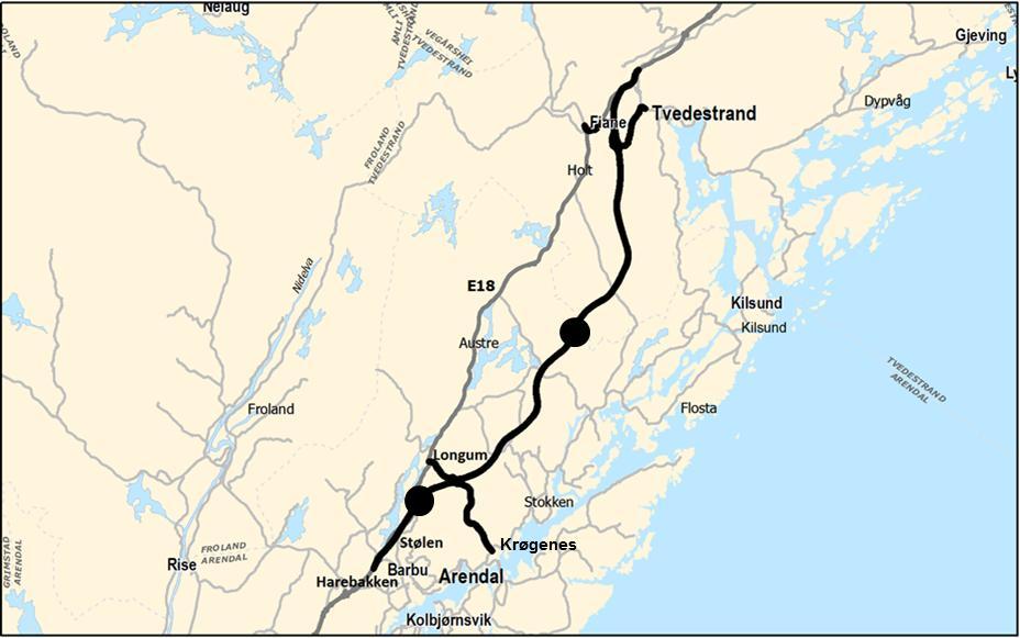 5 Figur 1: Oversikt over prosjektet E18 Tvedestrand-Arendal, der kulepunktene markerer forslag til plassering av to bomstasjoner.