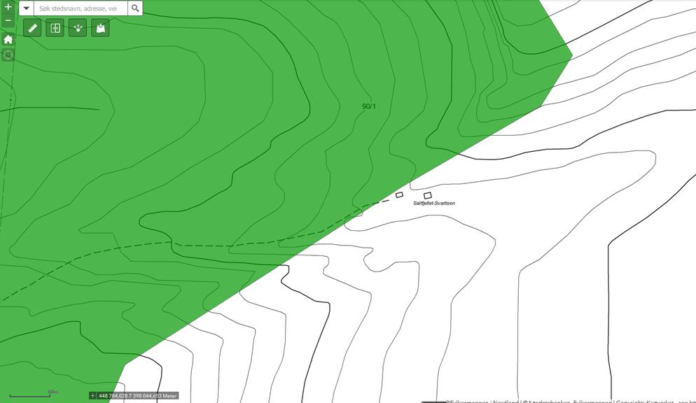 Figur 1. Kart over Tåkeheimen. Grønt område viser "sørvendt berg og rasmark". Utedoen skal ikke plasseres innenfor dette området. Finansiering dekkes av tiltakshaver jfr. vedlagt budsjett i søknaden.