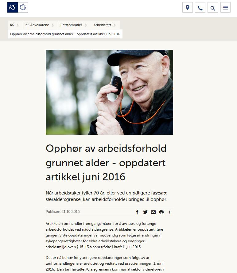 Artikkel om aldersgrenser på KS hjemmesider «Opphør av arbeidsforhold grunnet alder oppdatert artikkel juni