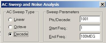 For å få fram Nyquistkurven i PSpice setter vi opp en AC analyse på følgende måte Figur 7. PSpice sin Analysis =>Setup =>Ac-sweep dialog. I probe.