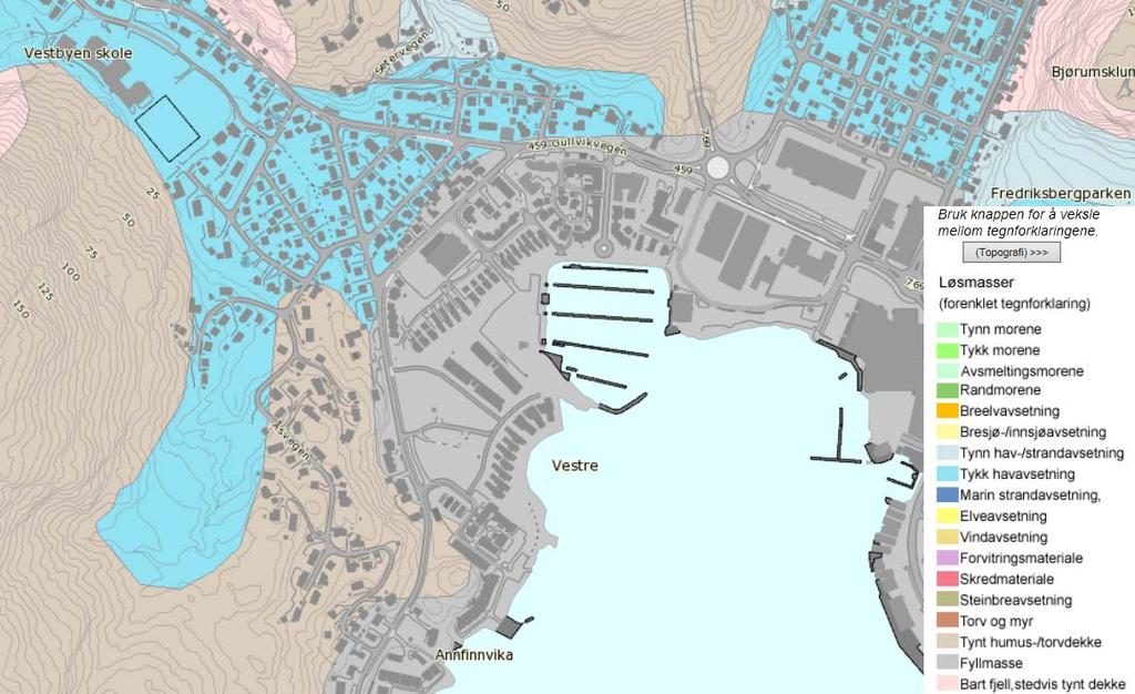Figur 2 Kvartærgeologisk kart, Vestre havn, Namsos (kilde: www.ngu.no ) 3.2.2 Original grunn Vi er ikke kjent med at det er utført grunnundersøkelser på den aktuelle tomta tidligere.