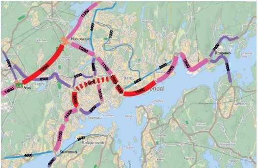2 Transportsituasjon og ønsket utvikling I følge Asplan viak (2012) er trafikken på deler av hovedvegnettet rundt Arendal sentrum allerede nådd kapasitetsgrensen i rushtidene.