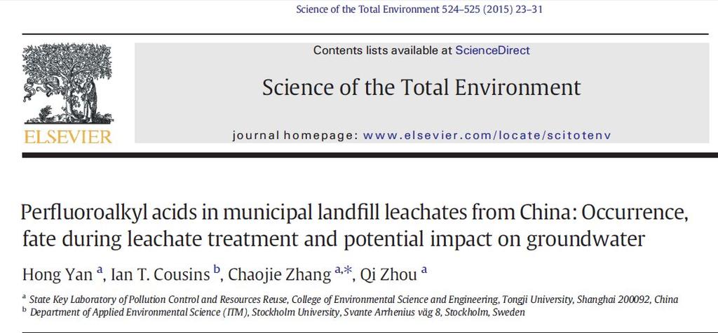 PFAS i sigevann fra deponier i China, 2015 Behandlet og ubehandlet sigevann fra 5 deponier i China var analysert Total PFAS fra 7 280 til 292 000 ng/l i ubehandlet sigevann Total PFAS fra 98,4 til