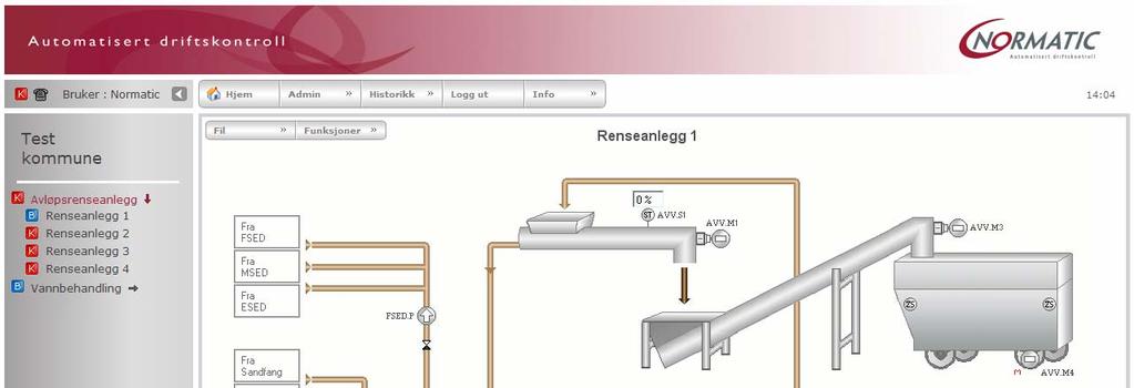 Kap 2 - Styring og overvåking av anlegg Eksempler på prosessbilder Side 16 av 80 Alarmstatus (se kap. 2.4) Bildemeny(se kap. 2.3) Symbolvekslinger for hhv. ventiler og motorer.