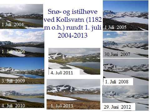 I dei siste ti åra har det vore relativt lite snø i Litlosområdet i seks av åra (24, 26, 29, 21, 211 og 213), medan det har vore mykje snø og sein isløysing i fire år (2, 27, 28 og 212) (sjå