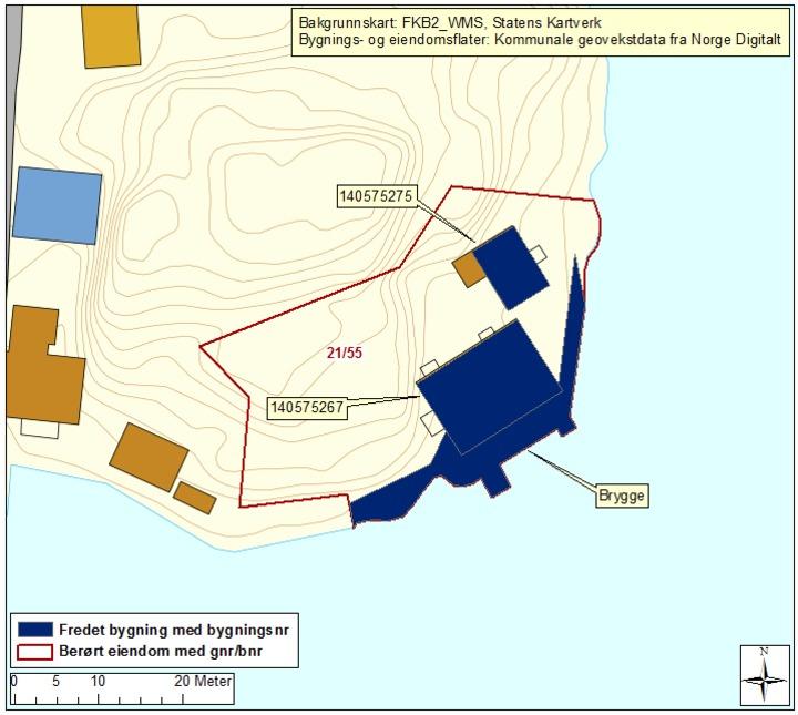 Gnr/bnr Omfang Brygge 21/55 Eksteriør Hovedbygning 1871 140575267 21/55 Eksteriør/Interiør Uthus 1871 140575275 21/55 Eksteriør/Interiør Fredning kompleks Fredningen omfatter byggverkene som nevnt