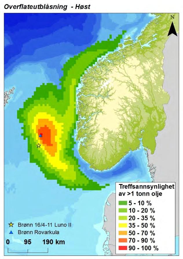 Figur 3 Sesongvise sannsynligheter for treff av mer enn 1 tonn olje i 10 10 km sjøruter gitt en overflateutblåsning fra brønn 16/4-11 (postprosessering av oljedrift gjennomført for Rovarkula).