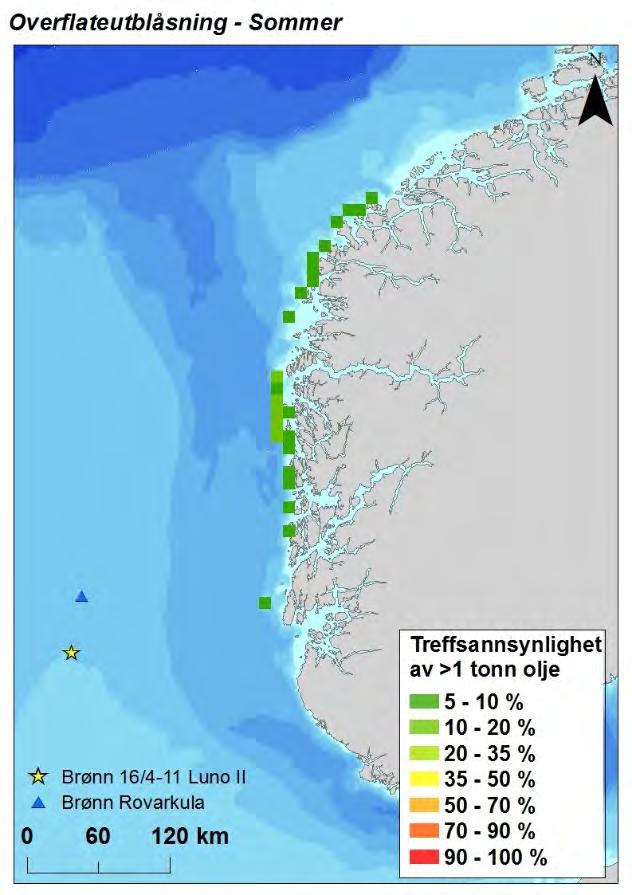 Figur 4 Sesongvise sannsynligheter for treff av mer enn 1 tonn olje i 10 10 km landruter gitt en overflateutblåsning fra brønn 16/4-11 (postprosessering av oljedrift gjennomført for Rovarkula).