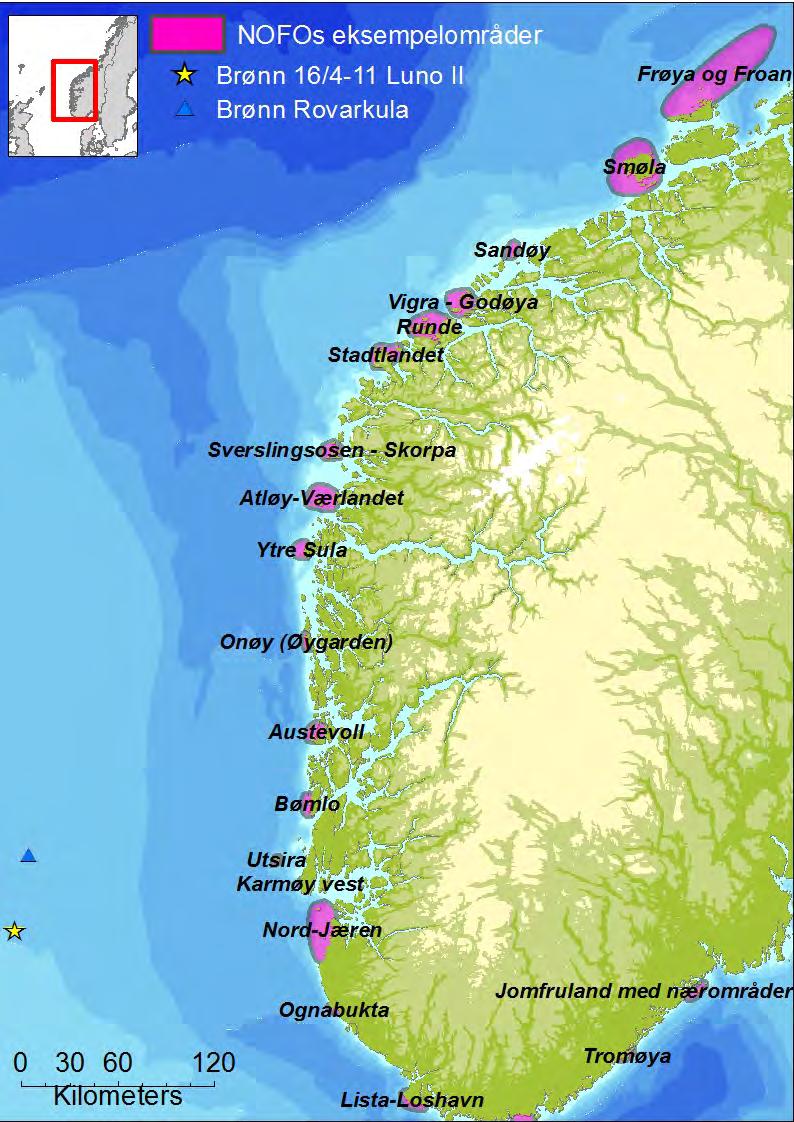 Figur 5 Lokasjon av eksempelområdene langs norskekysten. 2.3.