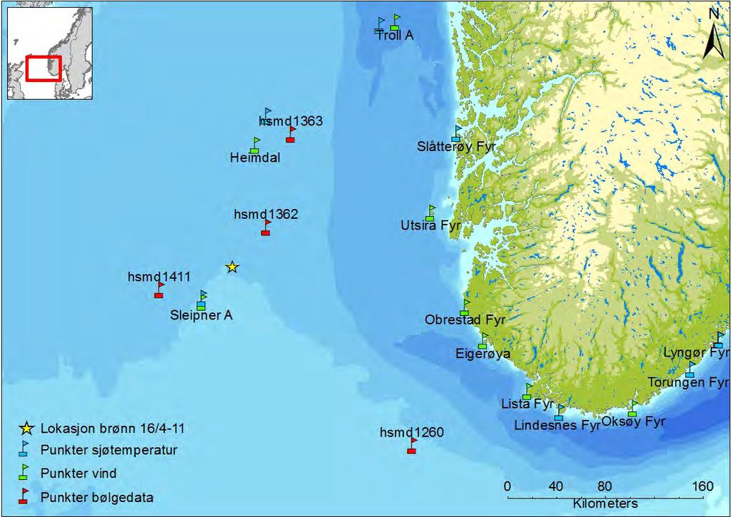 Figur 11 Oversikt over stasjoner for innsamling av data for vindstyrke (Sleipner A), sjøtemperatur (Sleipner A) og bølgehøyder (hsmd 1362). Lokasjon for brønn 16/4-11 Luno II er vist.