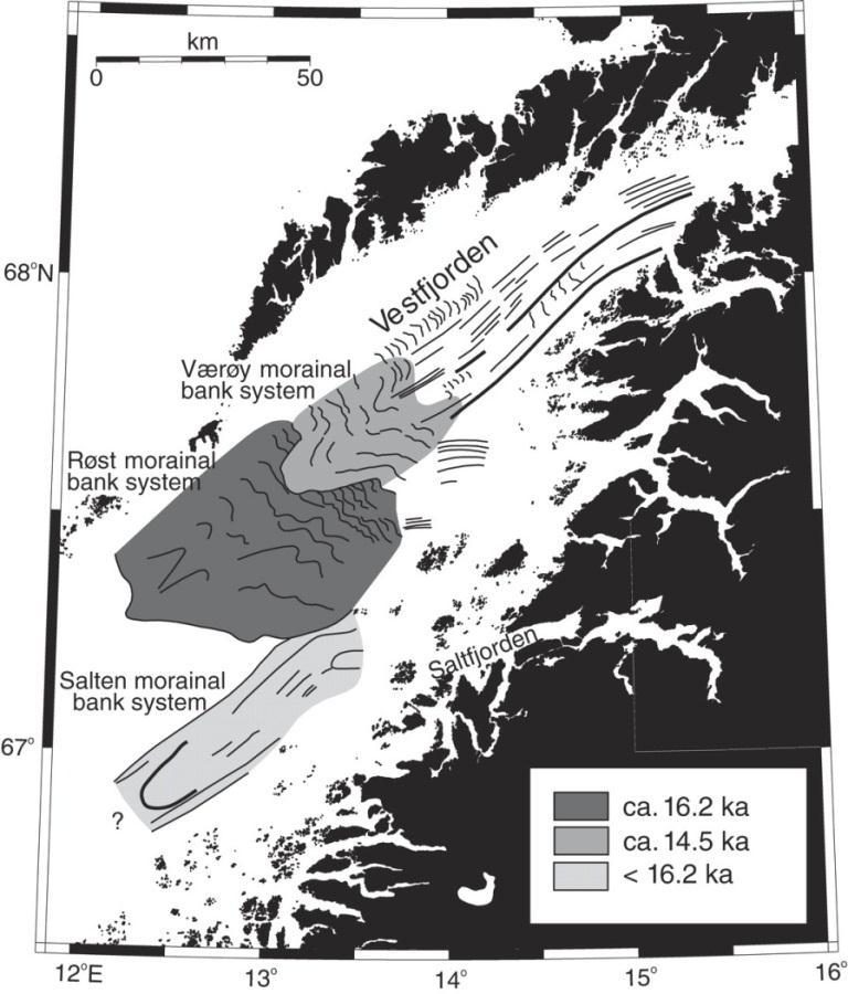 I sen weichsel var isdekket på sitt største og dekket Skandinavia og den vestlige delen av Barentshavet (Siegert et al., 2001) (figur 2-7D).