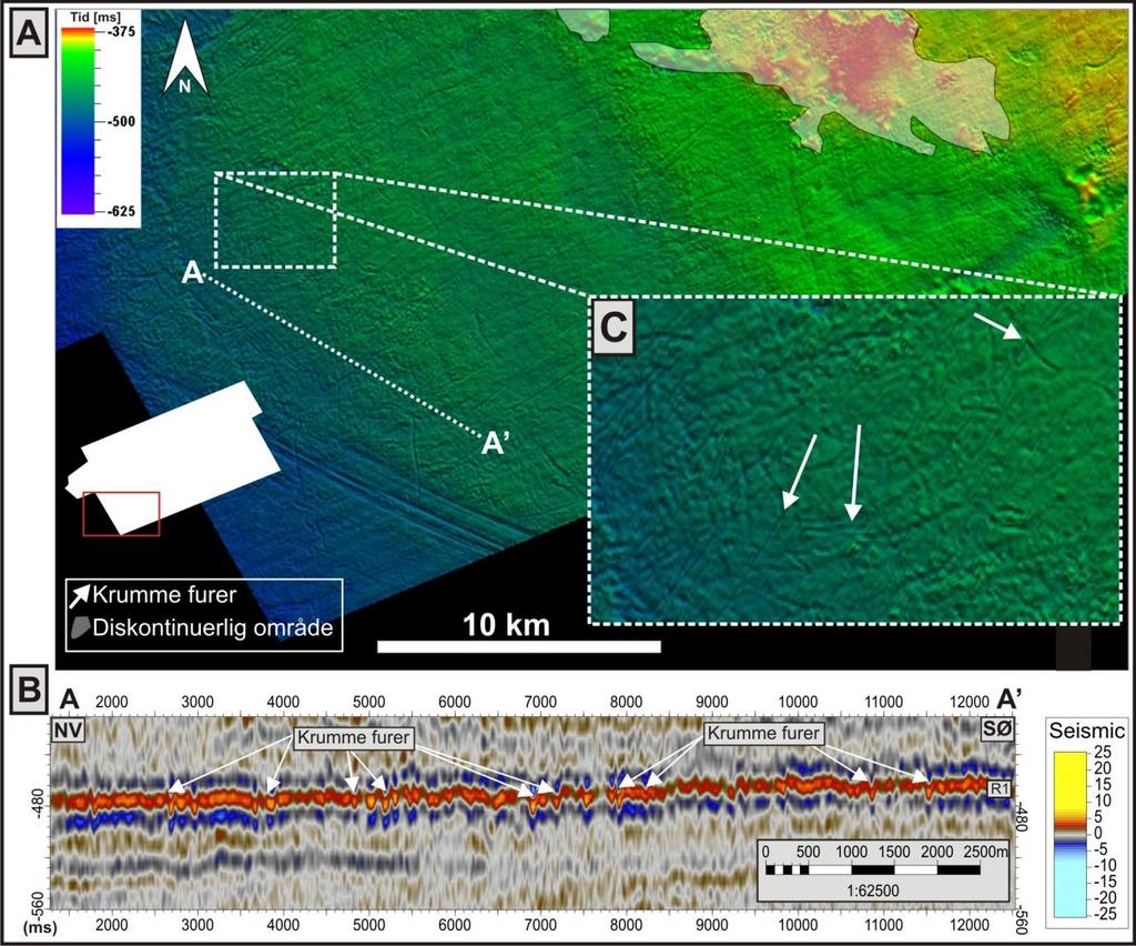 Figur 4-17: (A) utsnitt av skyggerelieffkart av bunn Naust T, hvor krumme furer tolket til å representere pløyespor forekommer. (B) linjen A-A viser et seismisk snitt hvor pløyespor er indikert.