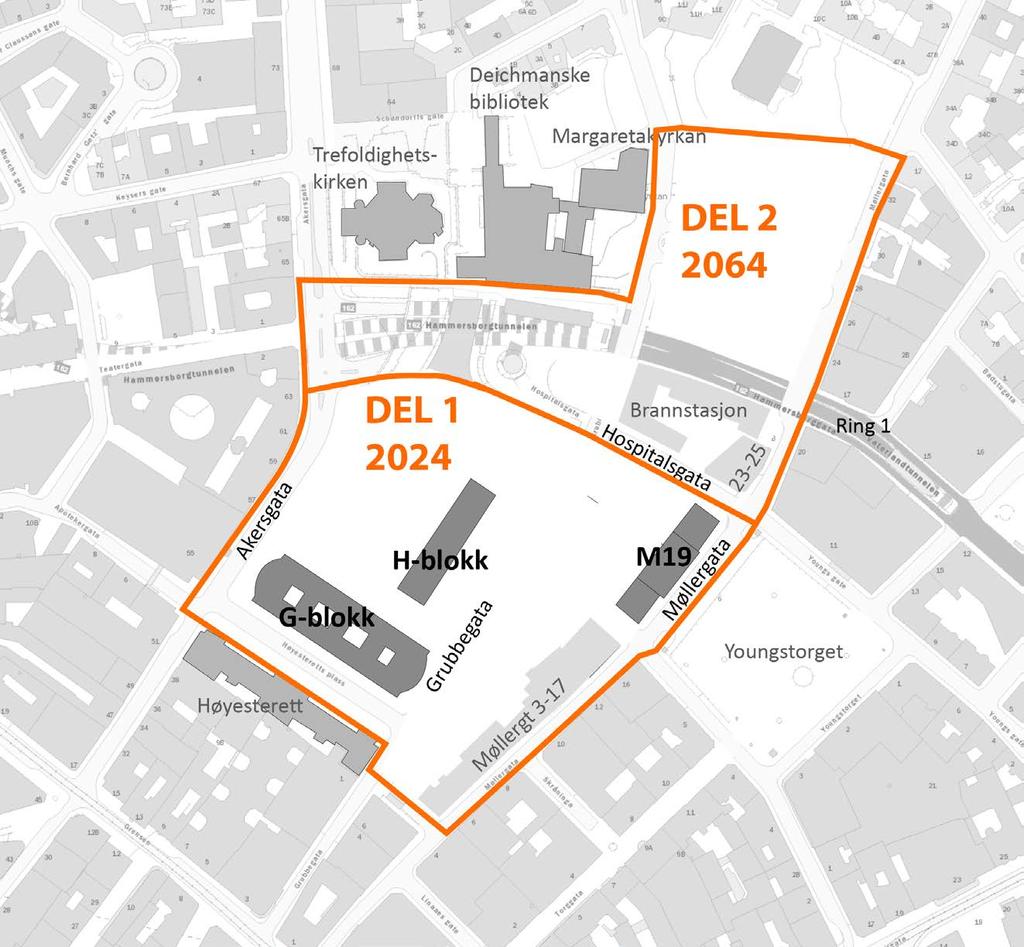 OPPGAVE A «KOMPAKT»: skal vise utbygging av fase 1 innenfor studieområdet syd for Ring 1 og Hospitalsgata i 2024 og for hele planområdet i 2064.