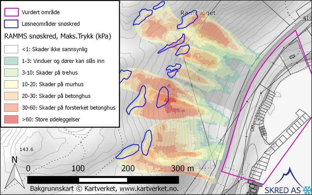 Figur 10: Kart over det vurderte området med mulige løsneområder for snøskred i fjellryggen og eksempel på beregnet skredutbredelse,
