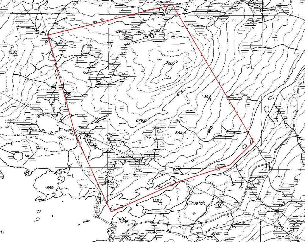 Reguleringsplanen omfatter en del av eiendommen Tveiten Søndre, gnr. 134, bnr. 1 nordøst for Hylebu på Skafsåheia. Bilde 2: Planområdet, detalj.