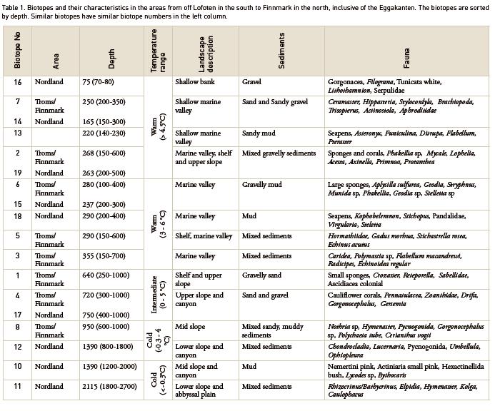 Tabell 2. Sammenstilling av biotoper og deres karakteristikk (fra MAREANOs bok på engelsk) Referanser Buhl-Mortensen, L., P. Buhl-Mortensen, M. F. J. Dolan, J. Dannheim, V. Bellec, B. Holte 2012.