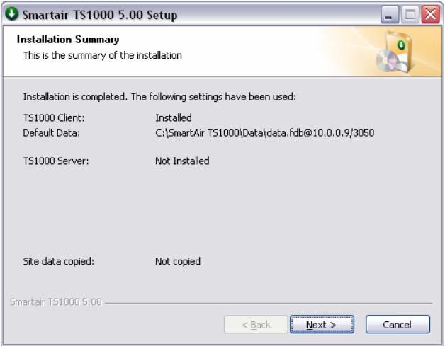 Installasjonsmanual TS-1000 5.02 Bilde viser resultatet av installasjonen. Trykk Next. Strengen viser hvor database er å finne på serveren.