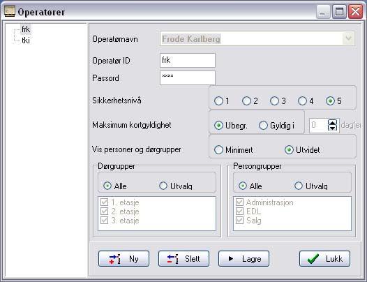 Brukermanual TS 1000 5.0X 19 Operatører Velg i hovedmenyen. For å kunne være operatør i systemet forutsettes det at man allerede er lagt inn som kortbruker i menyen Personer.