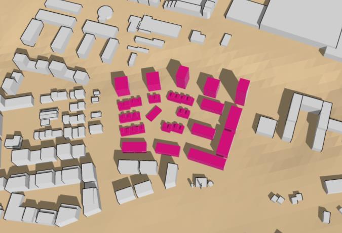 3-D bygninger og terreng for Alternativ 0, Alternativ 7H uten høyhus og Alternativ 7F med høyhus er vist i