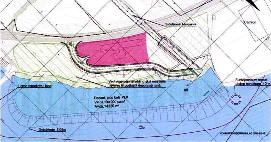 Figur 1: Utsnitt fra rigg- og marksikringsplan (tegning 11-Z01-310). Tunnelmunning og utslippsområde for renset tunnelvann til sjø ved Mekjarvik.