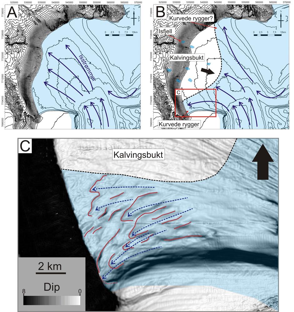 Diskusjon Kapittel 6 Figur 6-12: Forslag til genese for kurvede rygger. Blå indikerer isdekte områder.