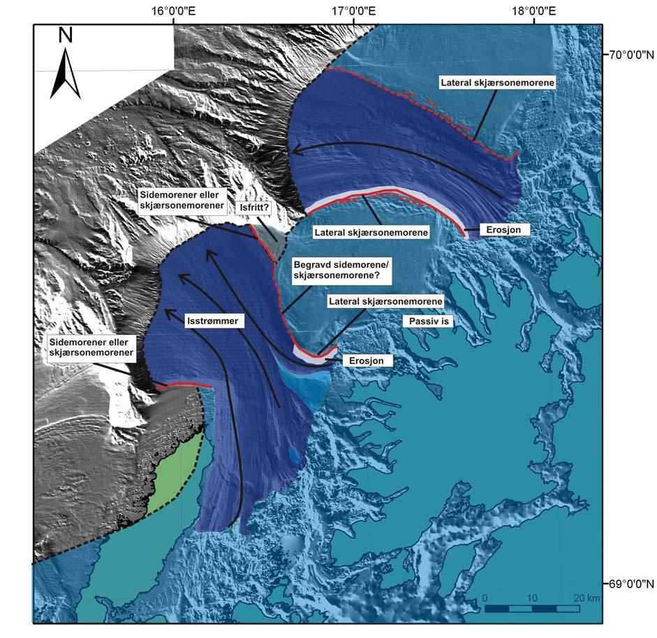 Diskusjon Kapittel 6 Figur 6-16: Oversiktsfigur over studieområdet der isdekte områder under siste glasiale maksimum er markert med blå.