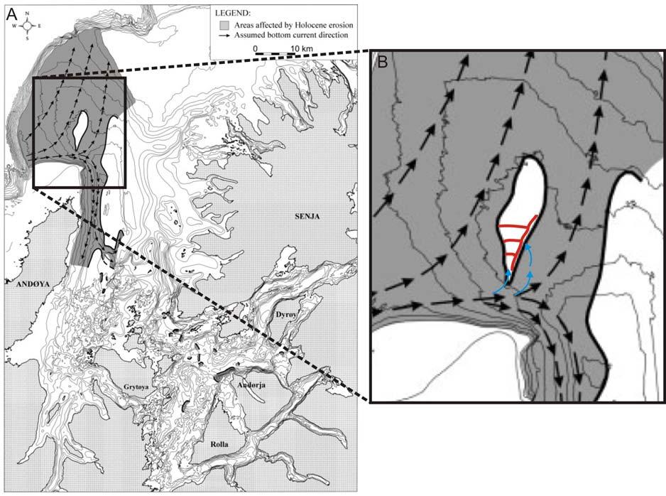 Diskusjon Kapittel 6 Figur 6-23: A: Kart som viser områder som er påvirket av holocen erosjon i Andfjorden. Svarte piler indikerer antatt retning på bunnstrømmer.
