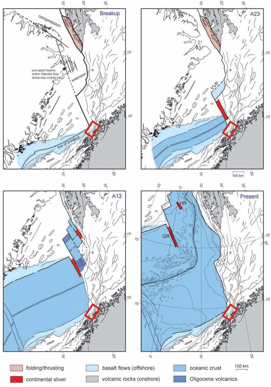 Bakgrunn Kapittel 2 Figur 2-4: Platetektonisk utvikling av Norske-Grønlandshavet gjennom kenozoikum. Rødt rektangel indikerer studieområdet.