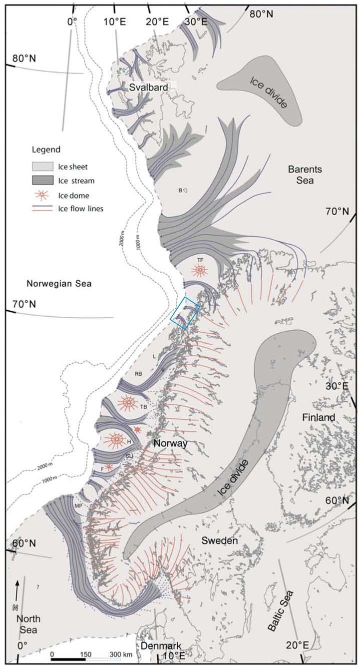 Bakgrunn Kapittel 2 Figur 2-7: Rekonstruksjon av isdekkets strømningsregime langs den vestlige marginen til det Eurasiske