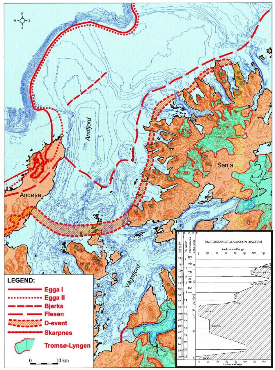 Bakgrunn Kapittel 2 Figur 2-8: Utbredelsen av forskjellige randtrinn til Fennoskandiske isdekket på kontinentalhylla gjennom de siste 22
