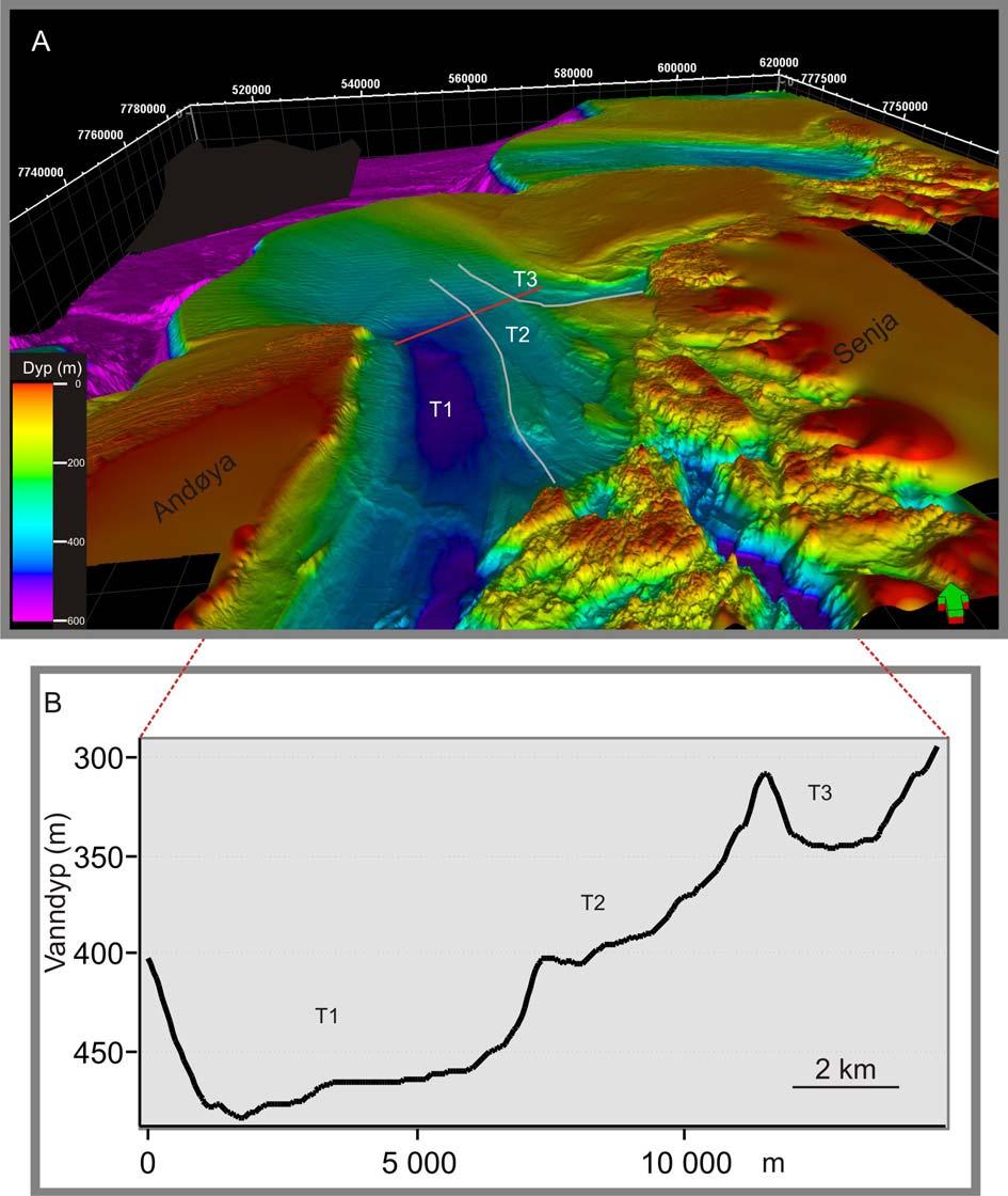 Geomorfologi Kapittel 4 Figur 4-3 A: 3D-figur av kontinentalhylla i studieområdet med synsvinkel ut Andfjorden. Mindre trau (T1-T3) er avmerket på figur. Rød linje angir batymetrisk snitt vist i B.