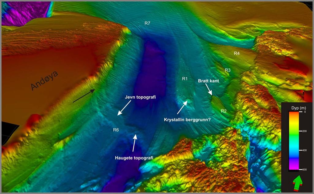 Geomorfologi Kapittel 4 Figur 4-7: 3D-figur av den indre delen av Andfjorden med ryggformer markert. Viktige observasjoner er indikert med hvite piler (for nærmere beskrivelse se tekst).