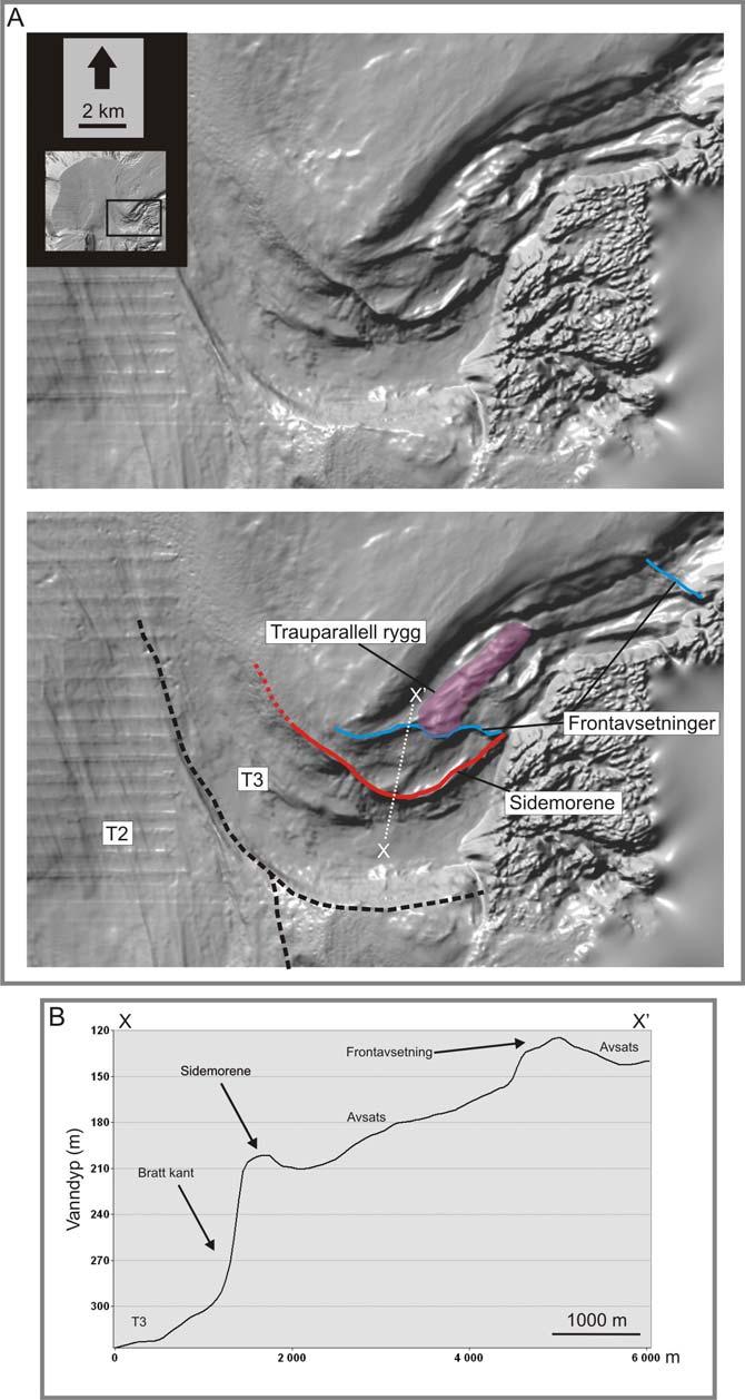 Geomorfologi Kapittel 4 Figur 4-12: A: Skyggerelieff av ytre del av Fallbakdjupet som drenerer inn i Andfjorden. Sidemorenen som markerer nordlige margin for T3 er indikert.