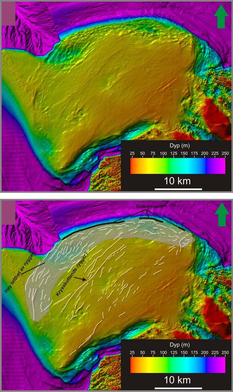 Geomorfologi Kapittel 4 Figur 4-13: Oversiktsbilde over Sveinsgrunnen der frontavsetninger er markert. Ryggene forekommer med høy tetthet i en sone langs ytre deler av banken.