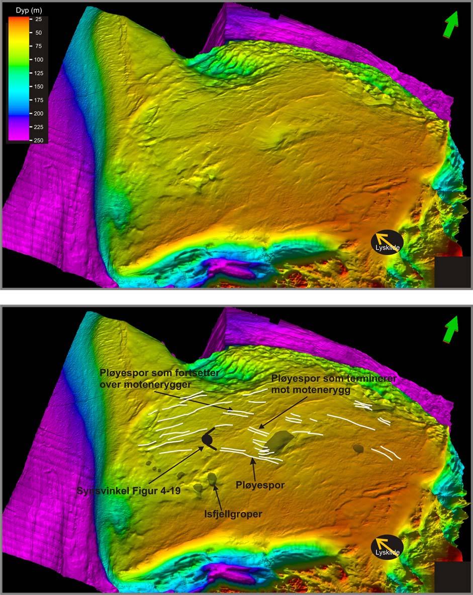 Geomorfologi Kapittel 4 Figur 4-17: 3D-figur som viser pløyespor med en klar ØV-trend samt semisirkulære isfjellgroper på Sveinsgrunnen.