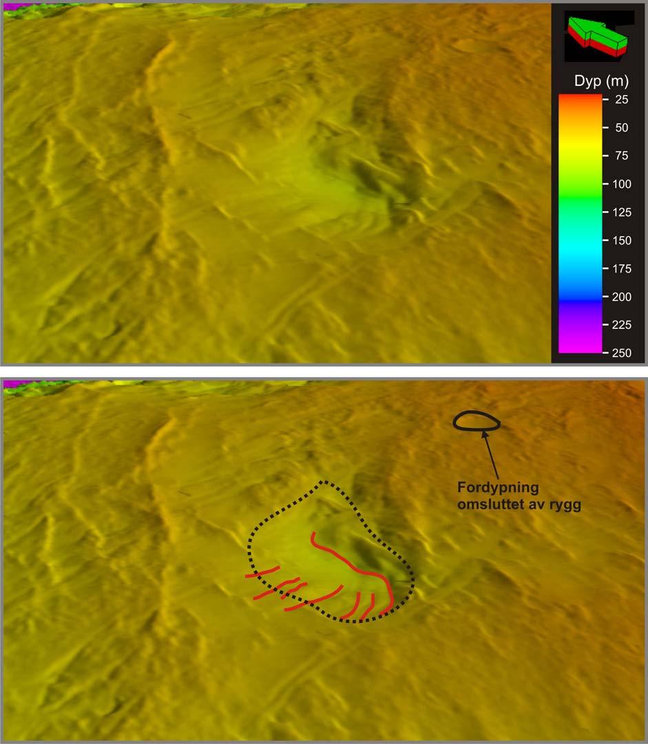 Geomorfologi Kapittel 4 Figur 4-18: 3D-figur av fordypninger dannet av grunnstøtt isfjell (markert med svart, stiplet linje). Legg merke til pløyespor i bunnen av fordypningen (markert med rød).