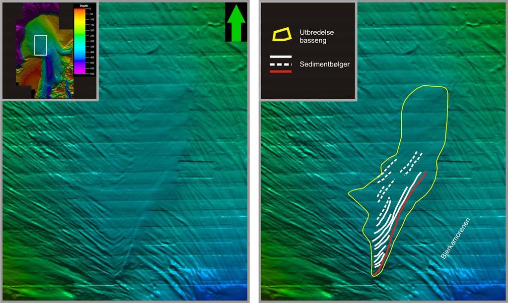 Geomorfologi Kapittel 4 Figur 4-19: Detaljbilde av sedimentbølger som ligger i et basseng i front av Bjerkamorenen.
