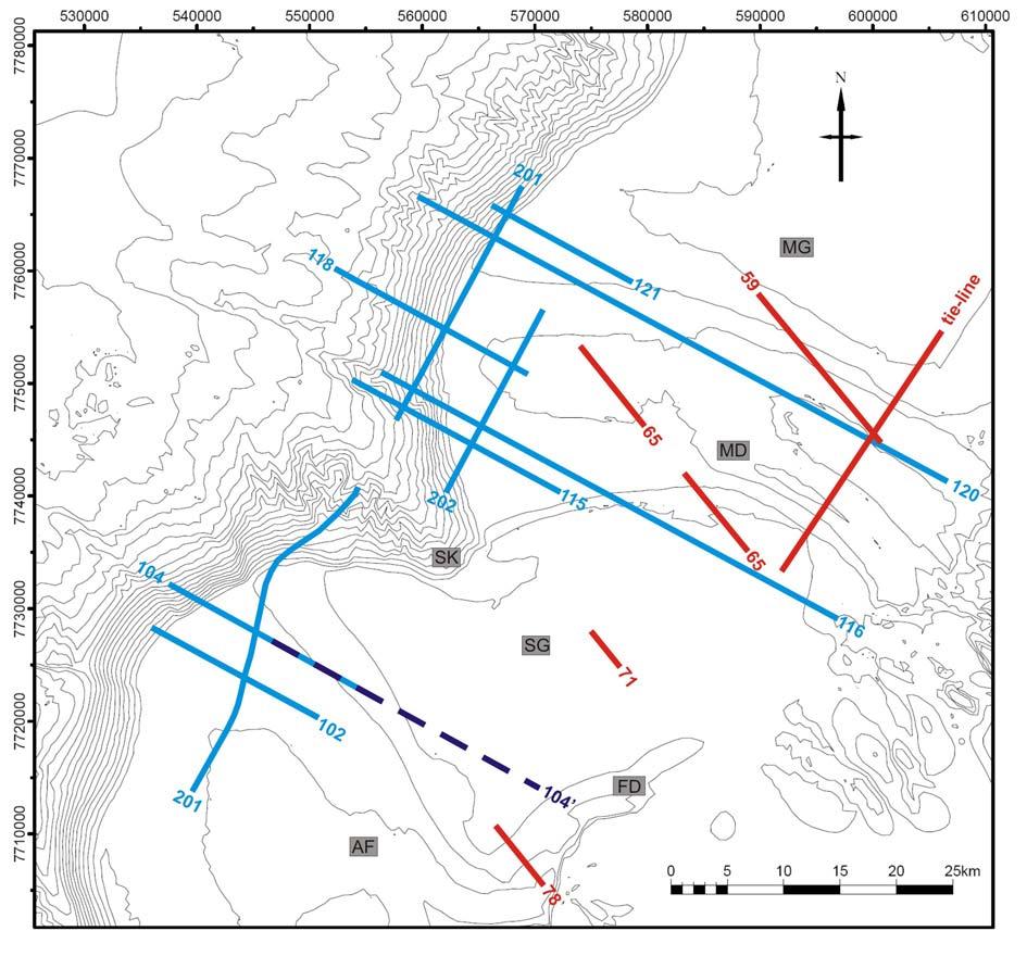Seismisk stratigrafi Kapittel 5 Figur 5-1: Batymetri over studieområdet med seismiske linjer benyttet i dette kapitlet.