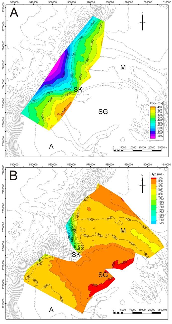 Seismisk stratigrafi Kapittel 5 Figur 5-3: A: Isokronkart for reflektor Rp. Flata blir generelt dypere fra SØ mot NV. B: Isokronkart for URU.