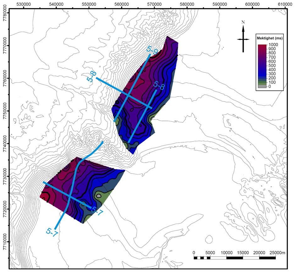 Seismisk stratigrafi Kapittel 5 Figur 5-6: Isopakkart som viser mektigheten i ms mellom Rp og URU (enhet S1).