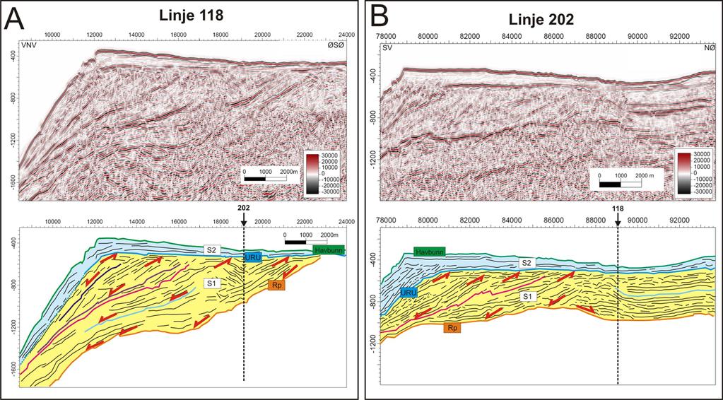 Seismisk stratigrafi Kapittel 5 Figur 5-8: Multikanals seismiske linjer og strektolkninger i dip- og strøkretning (hhv 118 og 202) til klinoformene i Malangsdjupet.