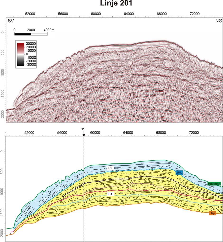 Seismisk stratigrafi Kapittel 5 Figur 5-9: Multikanals seismisk linje med strektolkning som går på tvers av de ytre delene av Malangsdjupet, Reflektorene i enhetene er horisontale til