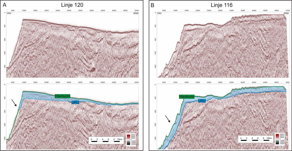 Seismisk stratigrafi Kapittel 5 Figur 5-12: Multikanals seismiske linjer som viser forskjeller i mektighet for enhet S2 (blå) i Malangsdjupet.