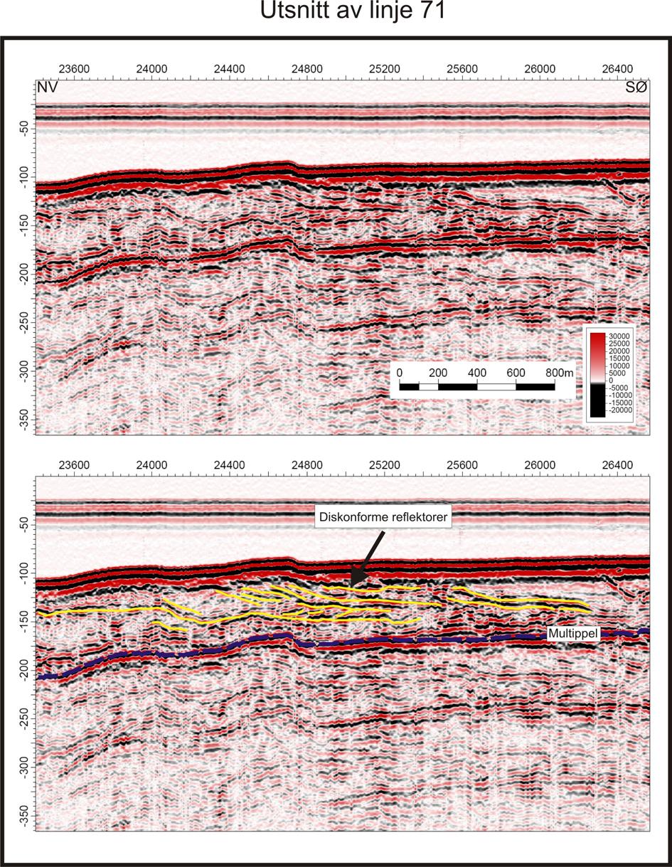 Seismisk stratigrafi Kapittel 5 Figur 5-14: Utsnitt av høyoppløselig linje 71 som viser diskonforme reflektorer som faller mot øst (fall mot