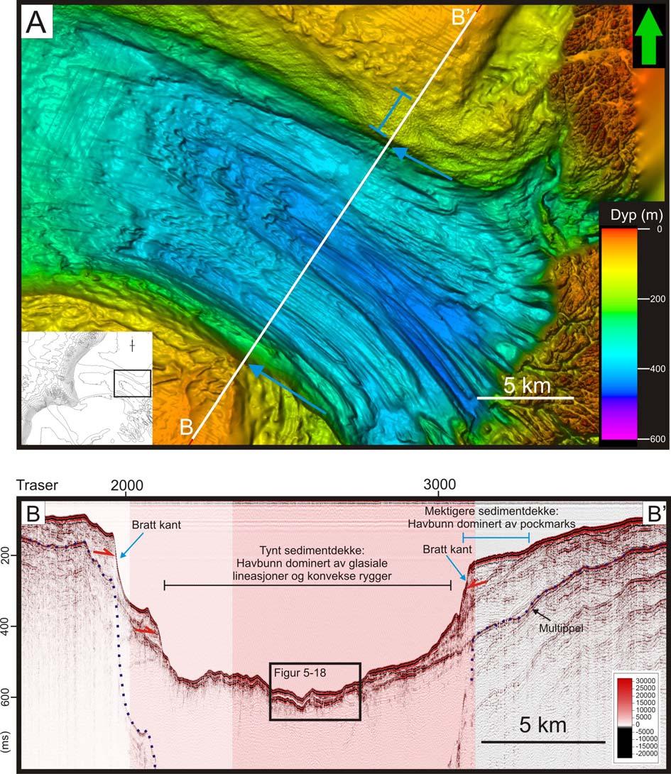 Seismisk stratigrafi Kapittel 5 Figur 5-16: A: Batymetri over indre deler av Malangsdjupet. Blå piler markerer bratte kanter i trauet (også markert på B).