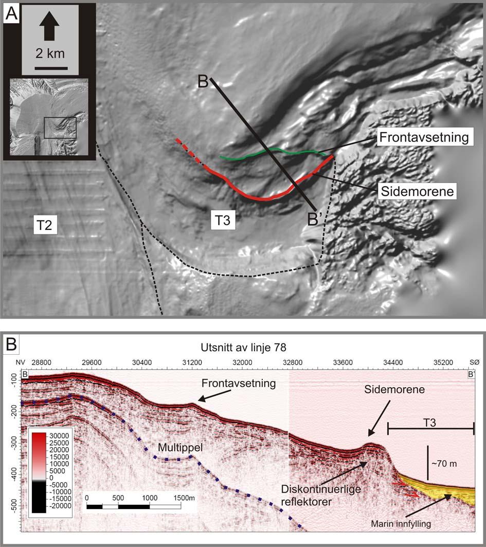 Seismisk stratigrafi Kapittel 5 Figur 5-17: A: Skyggerelieff av ytre Fallbakdjupet med formelementer på havbunnen indikert.