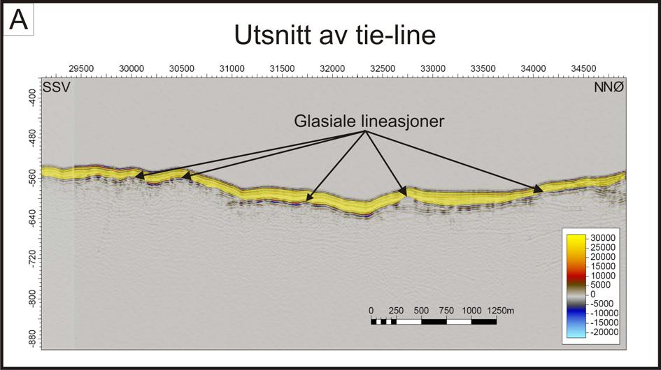 Seismisk stratigrafi Kapittel 5 Figur 5-18: A: Høyoppløselig seismisk linje som går tilnærmet normalt på glasiale lineasjoner innerst i Malangsdjupet.